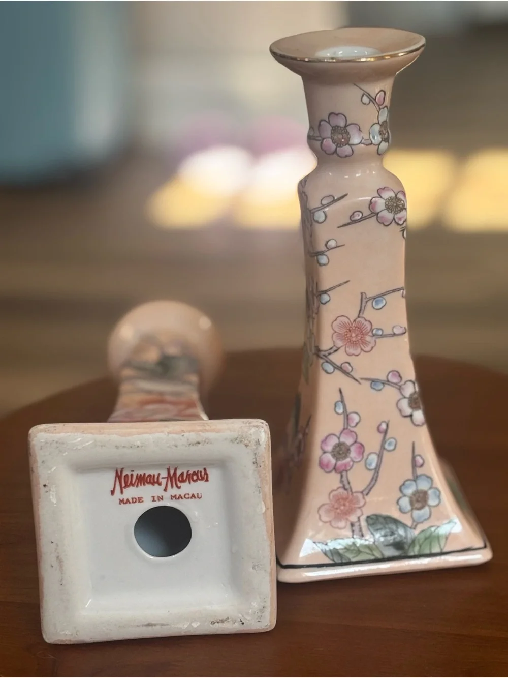 Pink Floral Ceramic Candle Holders with Bird Motif